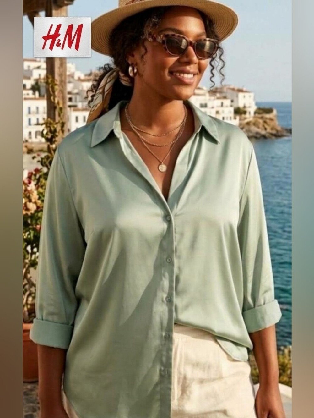H&M Long Sleeve Satin Button-Front Top Sage Green - Women's XL